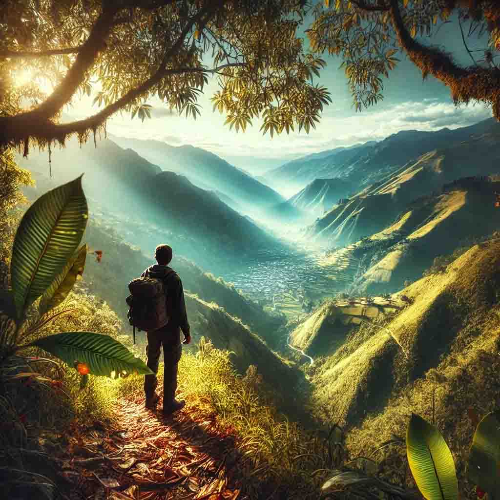 -detailed-and-inspiring-image-depicting-a-hiker-standing-on-a-mountain-trail-surrounded-by-the-lush-greenery-of-Vilcabamba