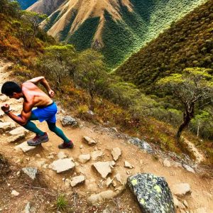 A-dynamic-and-energetic-image-of-a-hiker-traversing-a-rugged-uneven-trail-in-Podocarpus-National-Park-near-Vilcabamba-Ecuador.