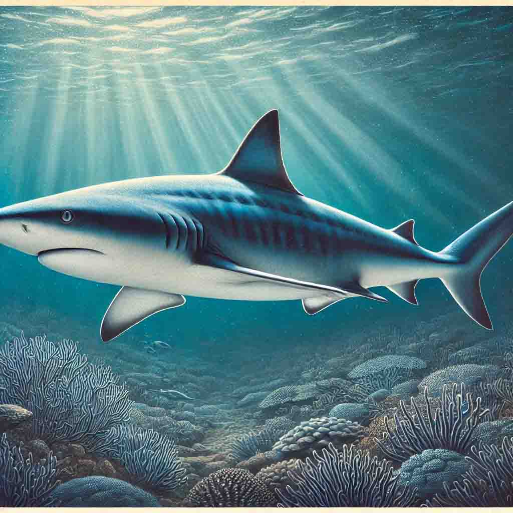 a picture of a blue shark swimming in the ocean
