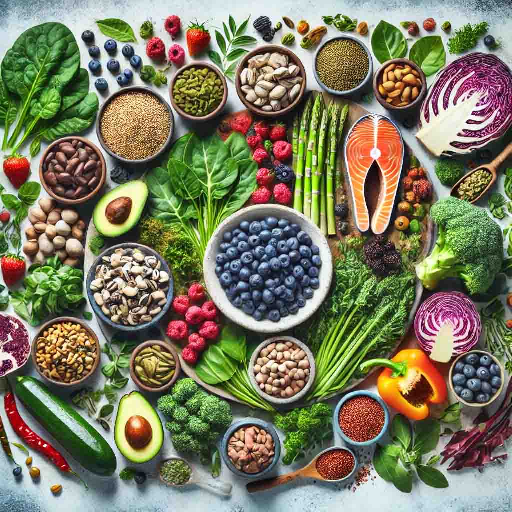 a table full of nutrient dense foods for a holistic diet