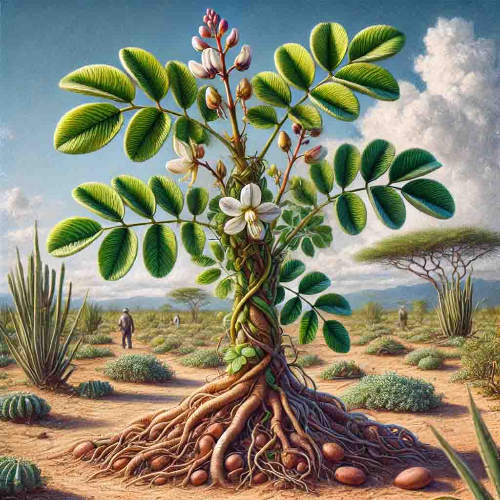 a tree with many leaves and flowers growing out of it