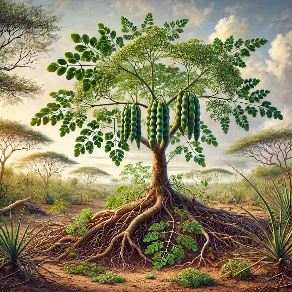 a tree with large roots and a bunch of green beans