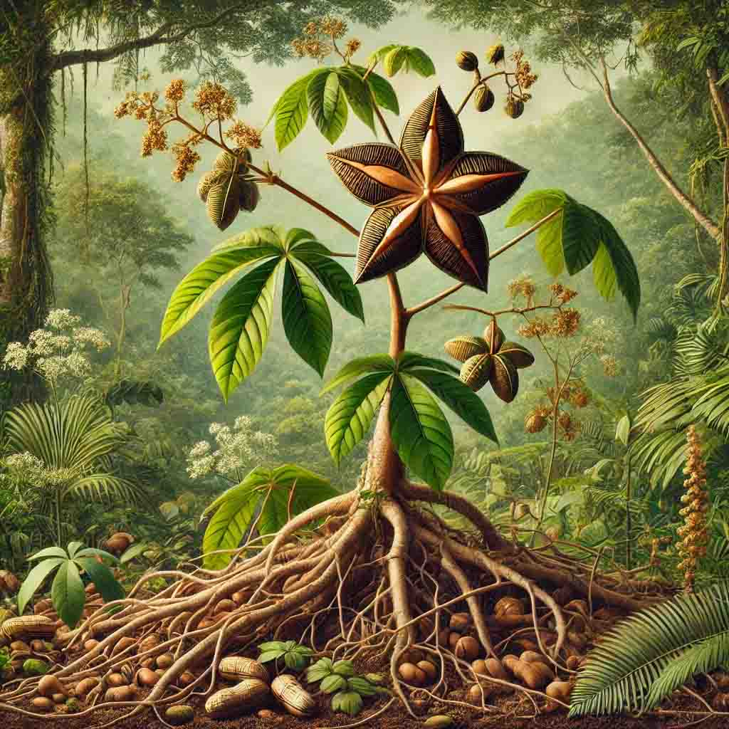 a tree with a star shaped plant and roots