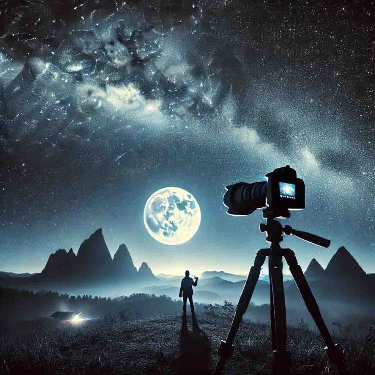 a camera on a tripod with a person standing in front of the moon