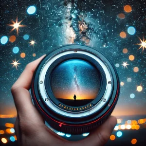 a hand holding a camera lens with a person in the background