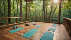 yoga mats on a deck in the woods