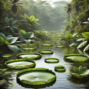 a river with large round leaves floating on it