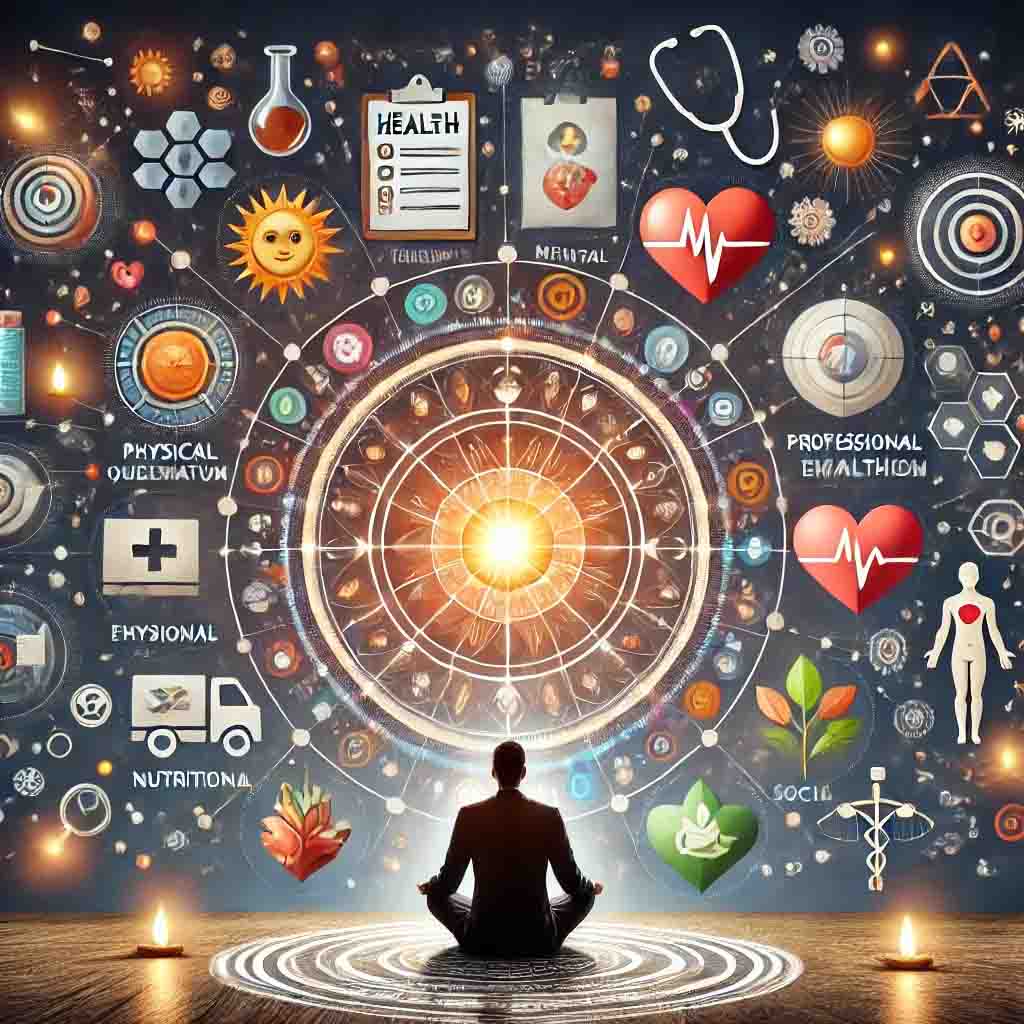 a person sitting in a circle with a circular pattern with icons around it