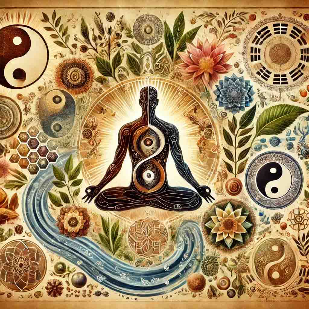 a person sitting in a lotus position surrounded by various symbols