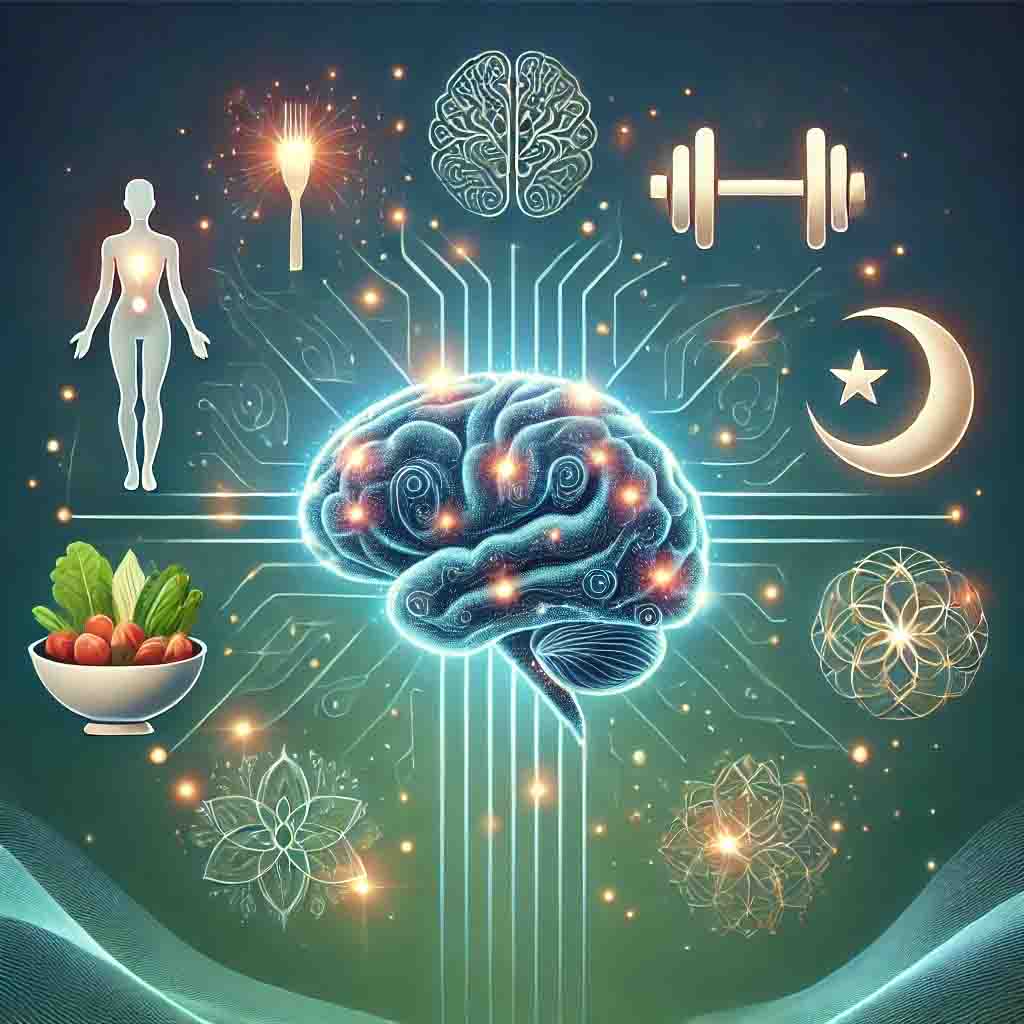 an image portraying a brain with various symblos surrounding it that are used in boosting brain power