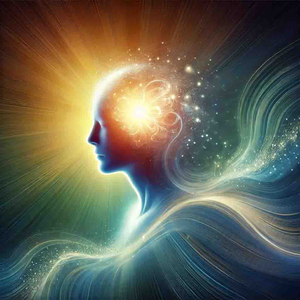 a side silhouette of a person with the center of the head glowing yellowy orange with light streams in the background