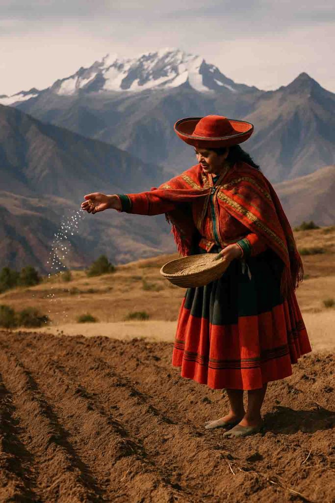 an andean woman scattering quinoa seeds onto a field