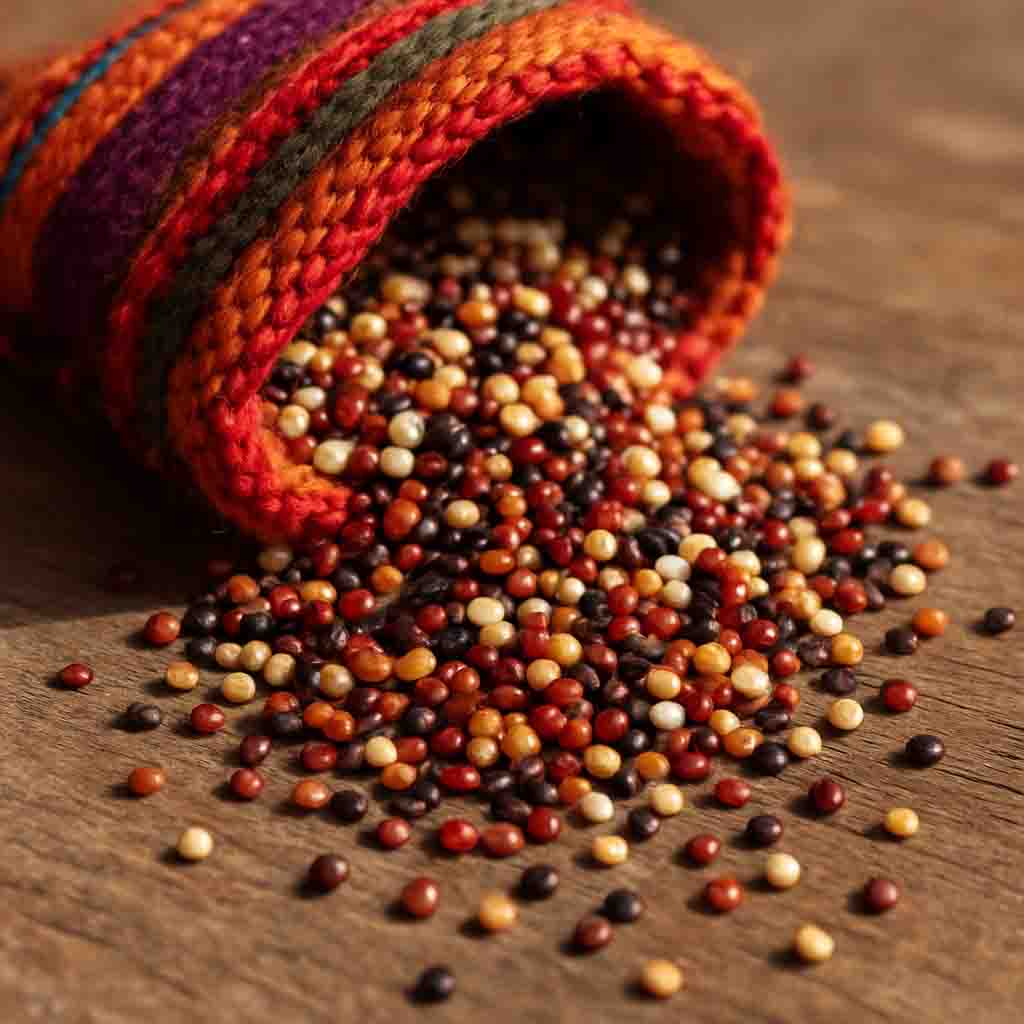 different varieties of quinoa spilling from a woven bag onto a table