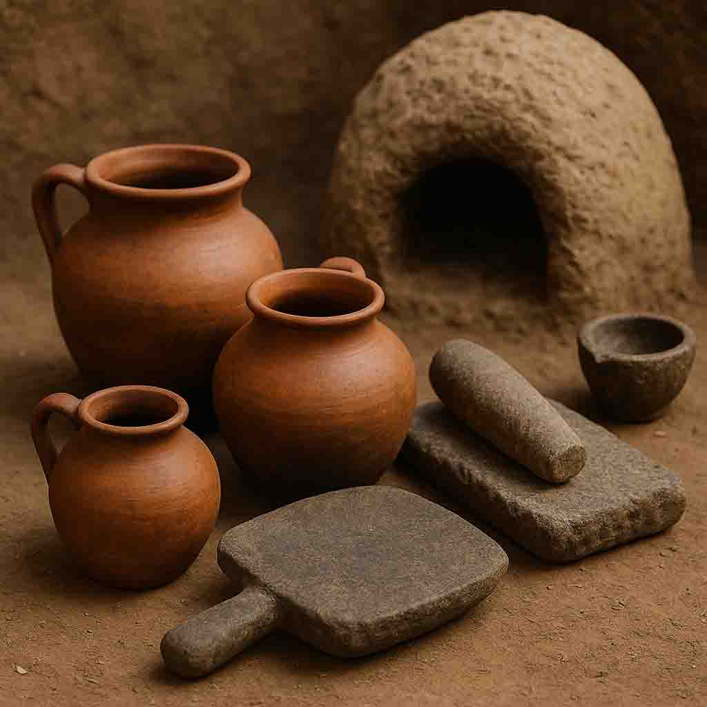 andean clay pots, huatia or earthen oven, and stone grinding tools