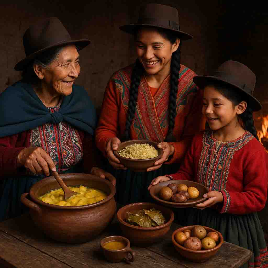 family heritage recipes - a grandmother showcasing a food dish to her daughter and granddaughter
